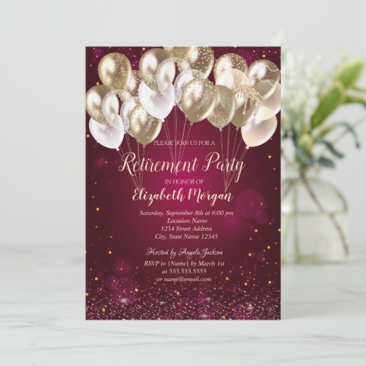 Goudballonnen Stippen Rood Pensioen Kaart (Staand voorkant)