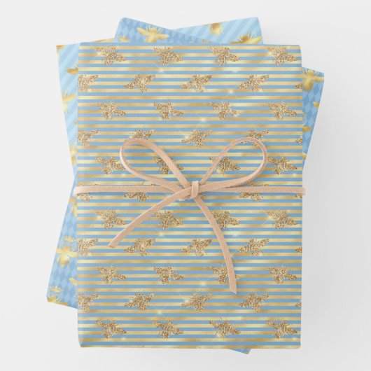 Goudbijen op blauw en goud inpakpapier vel (In situ)