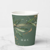 Goudblad met botanische eucalyptusgroene monogram papieren bekers (Links)
