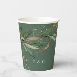Goudblad met botanische eucalyptusgroene monogram papieren bekers