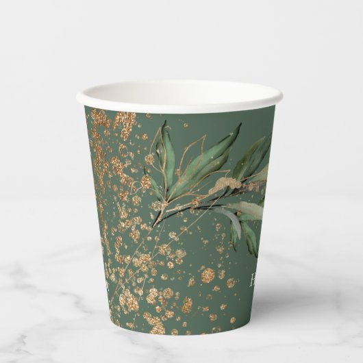 Goudblad met botanische eucalyptusgroene monogram papieren bekers (Voorkant)