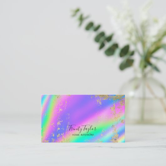 Goudblad met holografische metalen regenboog en fa visitekaartje (Staand voorkant)