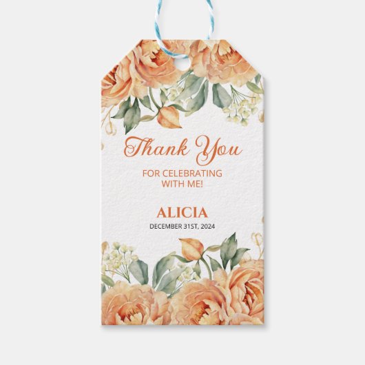 Goudblad Sinaasappel Pioen Rustieke Bloemen Verjaa Cadeaulabel (Voorkant)