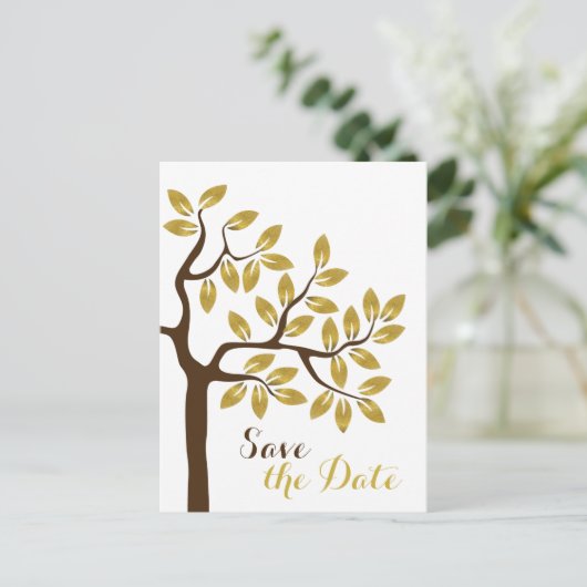 Goudbladboom moderne bruiloft Bespaar op datum Aankondigingskaart (Staand voorkant)