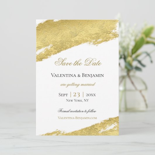 Goudbladborstelslag elegant modern huwelijk save the date (Staand voorkant)