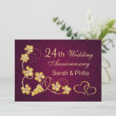 Goudbladeren, harten 24e bruiloft Jubileum Kaart (Staand voorkant)