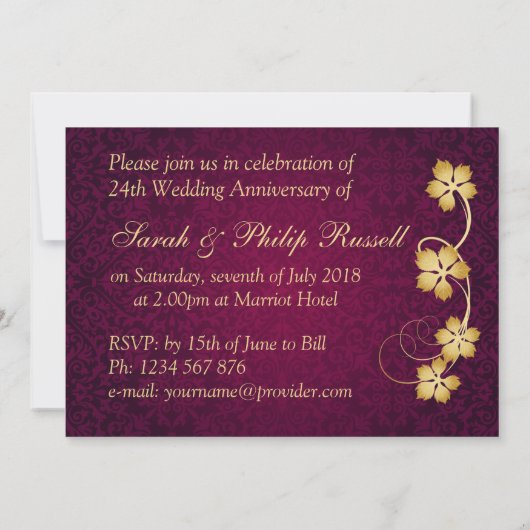 Goudbladeren, harten 24e bruiloft Jubileum Kaart (Achterkant)