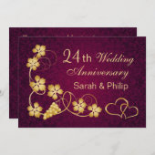 Goudbladeren, harten 24e bruiloft Jubileum Kaart (Voorkant / Achterkant)