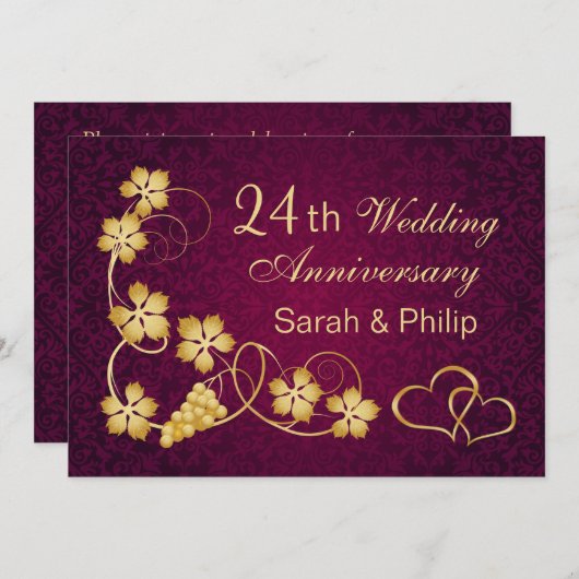 Goudbladeren, harten 24e bruiloft Jubileum Kaart (Voorkant / Achterkant)