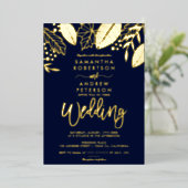 Goudbladeren herfst typografie marinesovenblauwe b folie uitnodiging (Staand Voorkant)