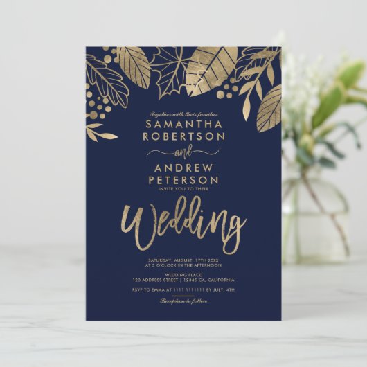 Goudbladeren herfst typografie marinesovenblauwe b kaart (Staand voorkant)