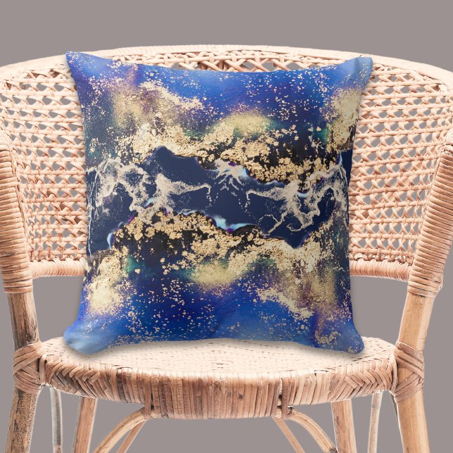 Goudblauw Abstract Alcoholinkt Vierkant Sierkussen (Gold Blue Abstract Watercolor Square Throw Pillow)