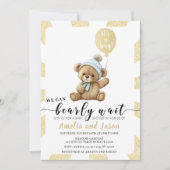 Goudblauw beer ballon baby shower uitnodiging (Voorkant)