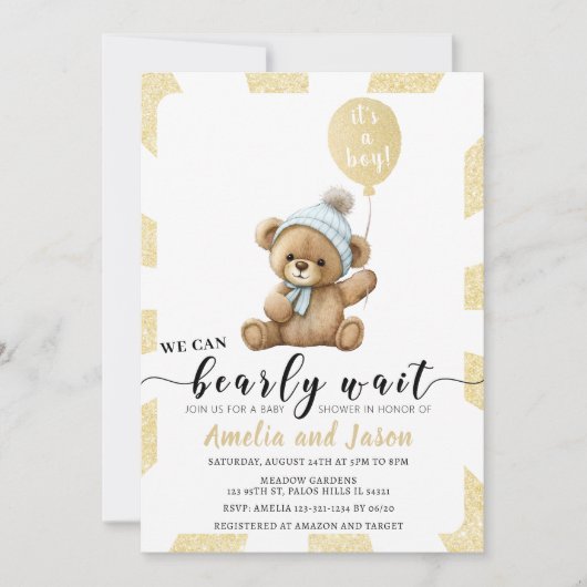 Goudblauw beer ballon baby shower uitnodiging (Voorkant)