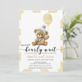 Goudblauw beer ballon baby shower uitnodiging (Staand voorkant)