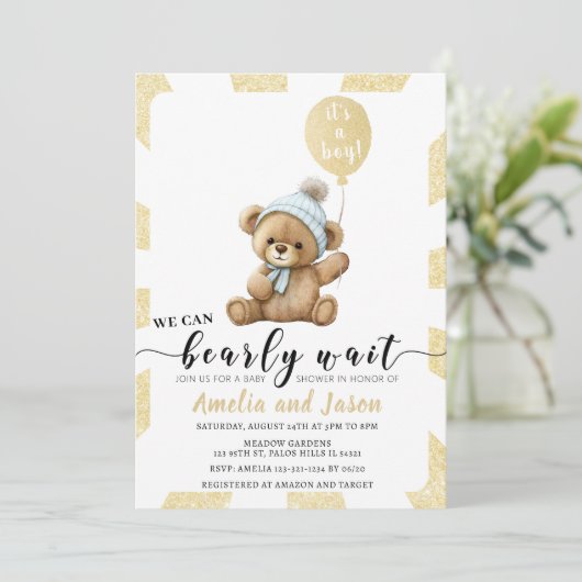 Goudblauw beer ballon baby shower uitnodiging (Staand voorkant)