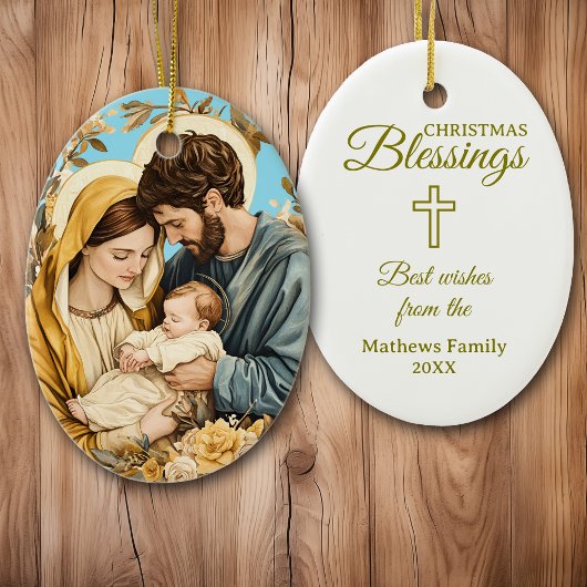 Goudblauw Christelijk Heilig Familie Kerst Keramisch Ornament