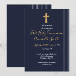 Goudblauw elegant typografie Eerste Heilige Comm Kaart