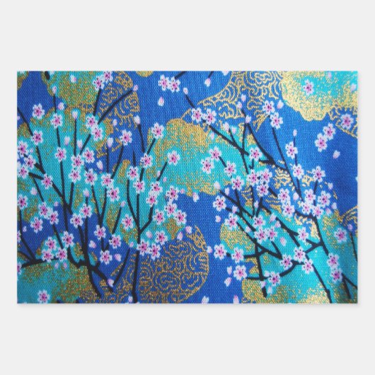 Goudblauw  Japans Kimono Bloemen Decoupage Inpakpapier Vel (Voorkant 2)