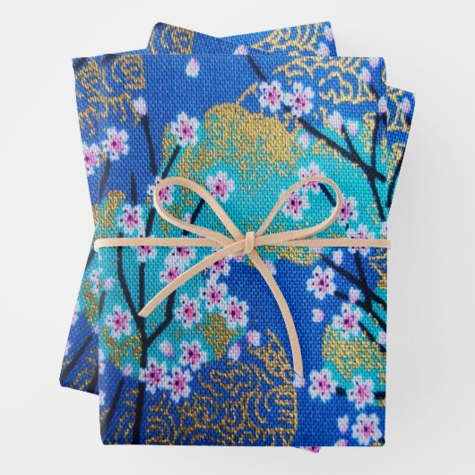 Goudblauw  Japans Kimono Bloemen Decoupage Inpakpapier Vel (In situ)