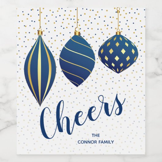 Goudblauw kerstversiering wijn etiket (Enkel label)