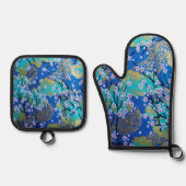 Goudblauw Wit Japans Sakura Kimono Floral Ovenwant & Pannenlap Set (Voorkant)