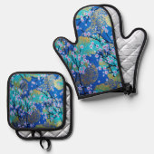 Goudblauw Wit Japans Sakura Kimono Floral Ovenwant & Pannenlap Set (Voorkant / Achterkant)