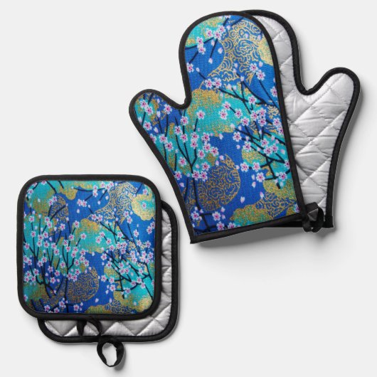 Goudblauw Wit Japans Sakura Kimono Floral Ovenwant & Pannenlap Set (Voorkant / Achterkant)