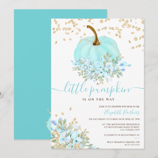 Goudblauwe bloemenpompoen waterverf baby shower kaart (Voorkant / Achterkant)