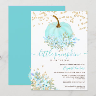 Goudblauwe bloemenpompoen waterverf baby shower kaart