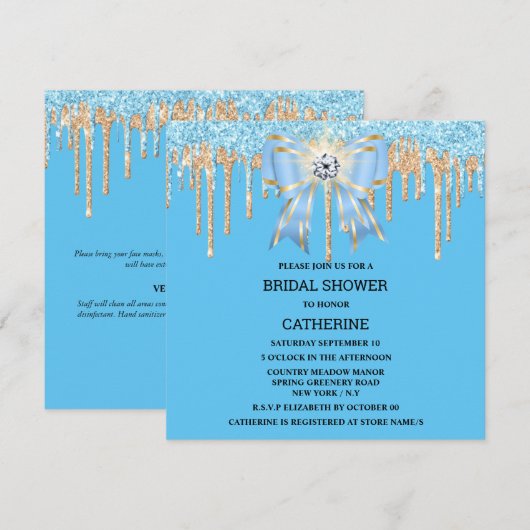 Goudblauwe glitter-diamantboogschimmels kaart (Voorkant / Achterkant)