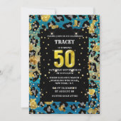 Goudblauwe luipaardprint oerwoud glitter 50e kaart (Voorkant)