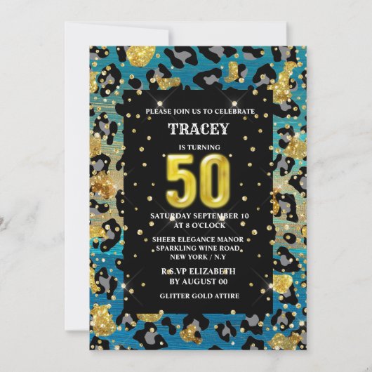 Goudblauwe luipaardprint oerwoud glitter 50e kaart (Voorkant)