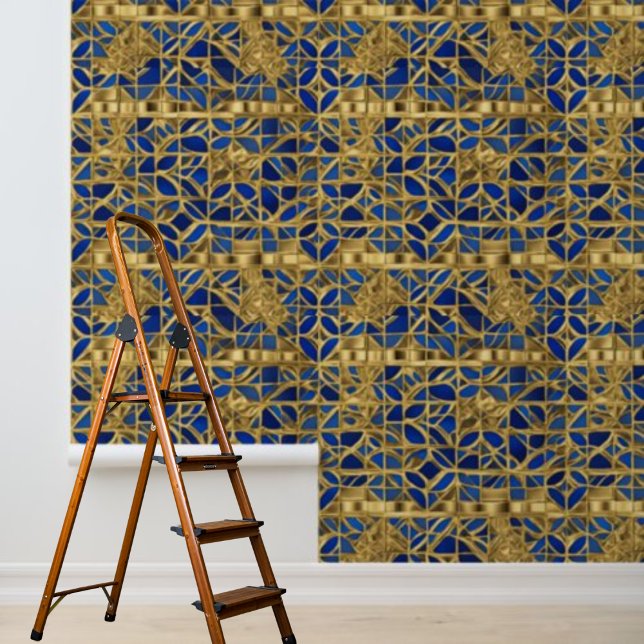 Goudblauwe Mosiac Tegels Pattern Peel Stick Behang (Gold Blue Mosiac Tiles Pattern Peel Stick Wallpaper)
