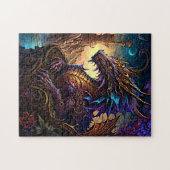 Goudblauwe Paarse draak met toren Legpuzzel (Horizontaal)