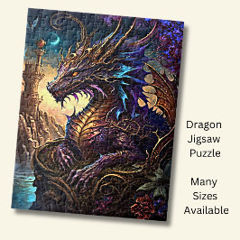 Goudblauwe Paarse draak met toren Legpuzzel