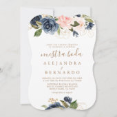 goudblauwe roze bloemen bruiloft Nuestra Boda Kaart (Voorkant)
