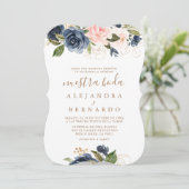 goudblauwe roze bloemen bruiloft Nuestra Boda Kaart (Staand voorkant)