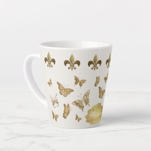 Goudblik op maat Fleur de Lis Butterfly-Mok Latte Mok (Linkerhoek)