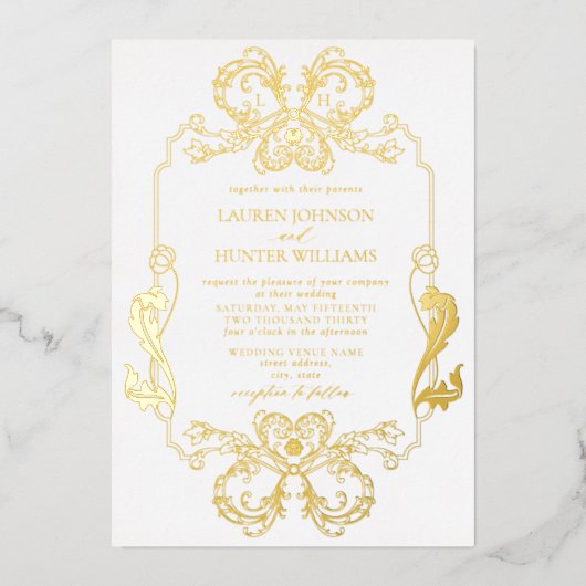 goudbloem-Folie Art Monogram Weddenschap Folie Uitnodiging (Voorkant)