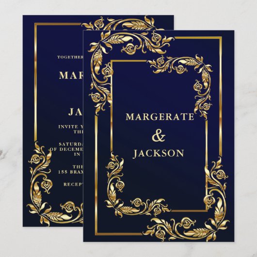 Goudbloem met elegant lijst-huwelijksontwerp kaart (Voorkant / Achterkant)