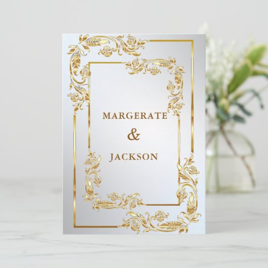 Goudbloem met elegant lijst-huwelijksontwerp kaart (Staand voorkant)