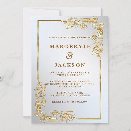 Goudbloem met elegant lijst-huwelijksontwerp kaart (Achterkant)