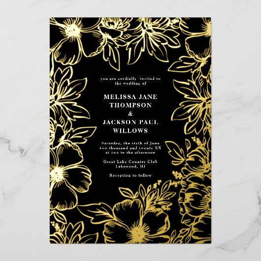 Goudbloem met lijst elegante trouwerij zwart folie uitnodiging (Voorkant)