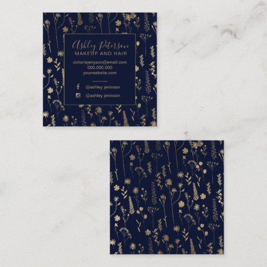Goudbloemblauw blauw haar make-up typografie vierkante visitekaartje (Voorkant / Achterkant)