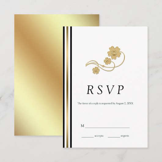 Goudbloemen en goudlijnen RSVP kaartje (Voorkant / Achterkant)