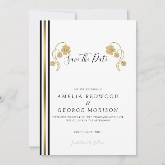 Goudbloemen en -strips save the date (Voorkant)