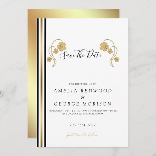 Goudbloemen en -strips save the date (Voorkant / Achterkant)