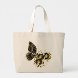 Goudbloemige vlinder met zwarte orchidee grote tote bag