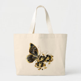 Goudbloemige vlinder met zwarte orchidee grote tote bag